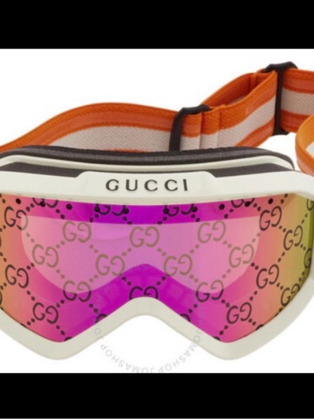 Gucci White Frame Ski Goggles with Orange Strap and Pink Mirror Lens